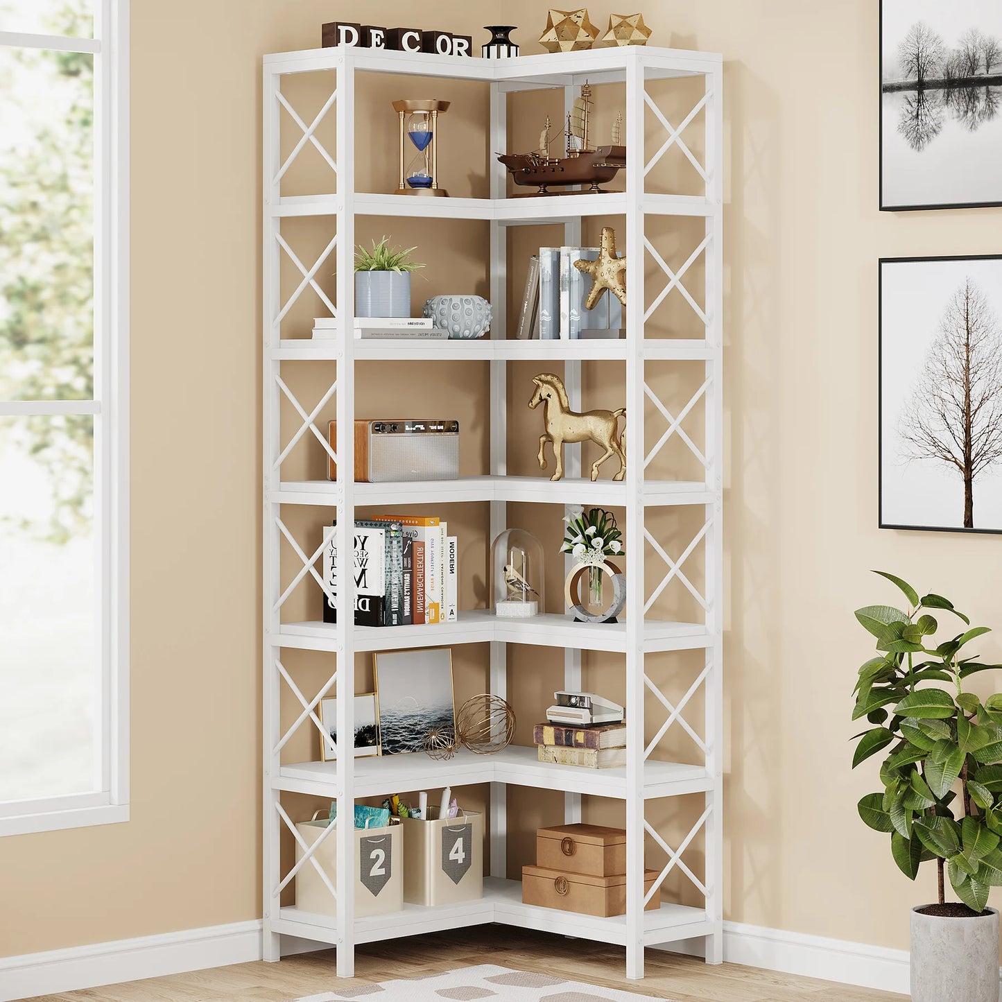 7-Shelf Corner Bookshelf,Large Modern Corner Bookcase, 7-Tier Tall Corner Shelf Storage Display Rack with Metal Frame