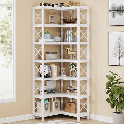 7-Shelf Corner Bookshelf,Large Modern Corner Bookcase, 7-Tier Tall Corner Shelf Storage Display Rack with Metal Frame