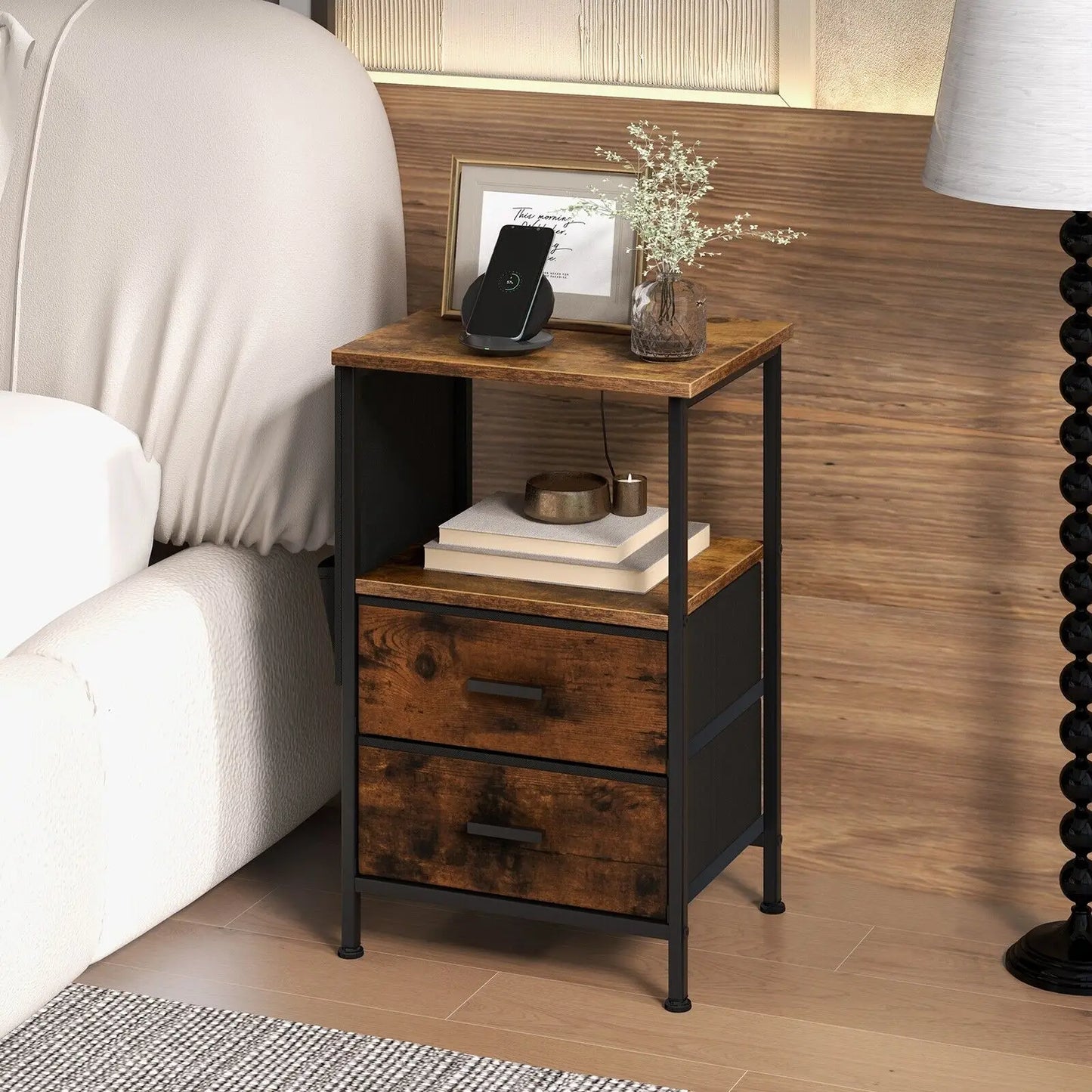 GOFLAME Set of 2 Nightstand with Charging Station Industrial Bedside Table W/ 2 Drawers