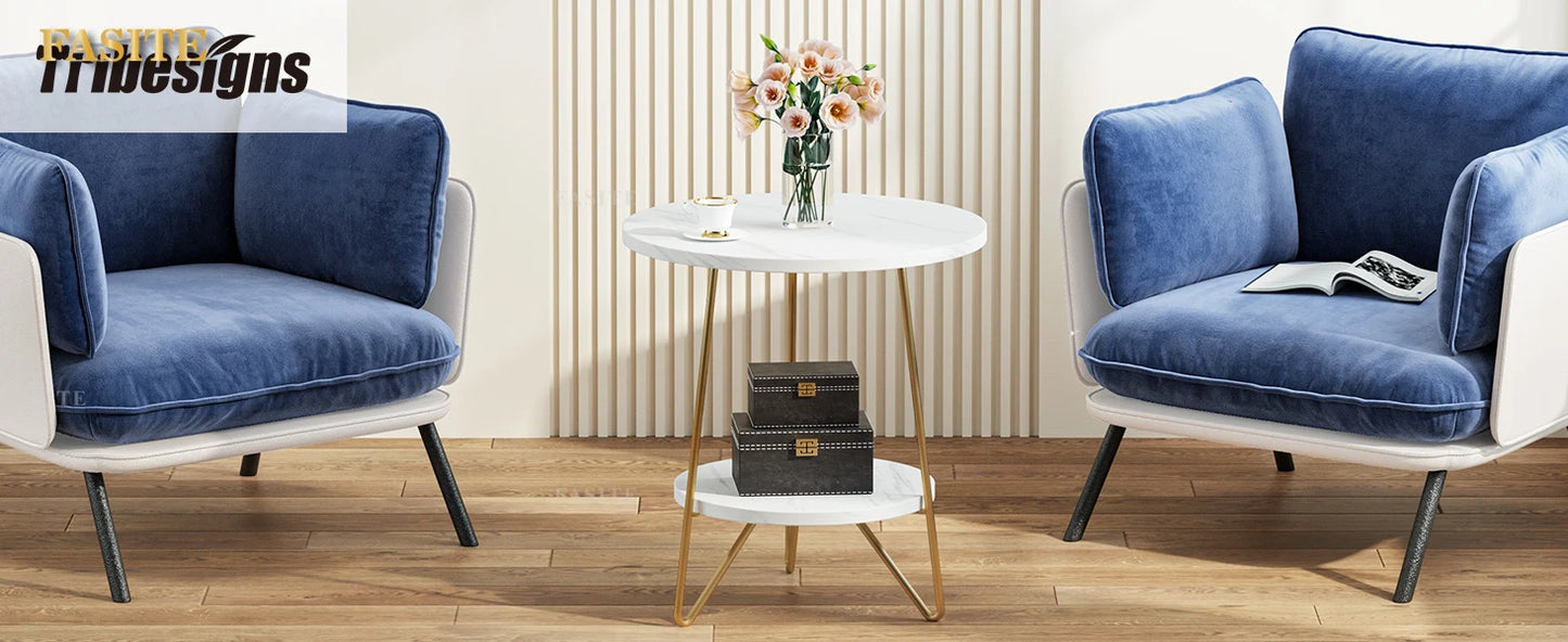 Tribesigns 2 Tier Faux Marble End Table Round Side Table with Shelves Small Coffee Accent Table for Living Room, White and Gold