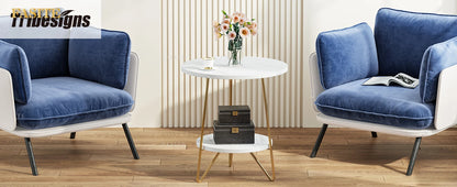Tribesigns 2 Tier Faux Marble End Table Round Side Table with Shelves Small Coffee Accent Table for Living Room, White and Gold