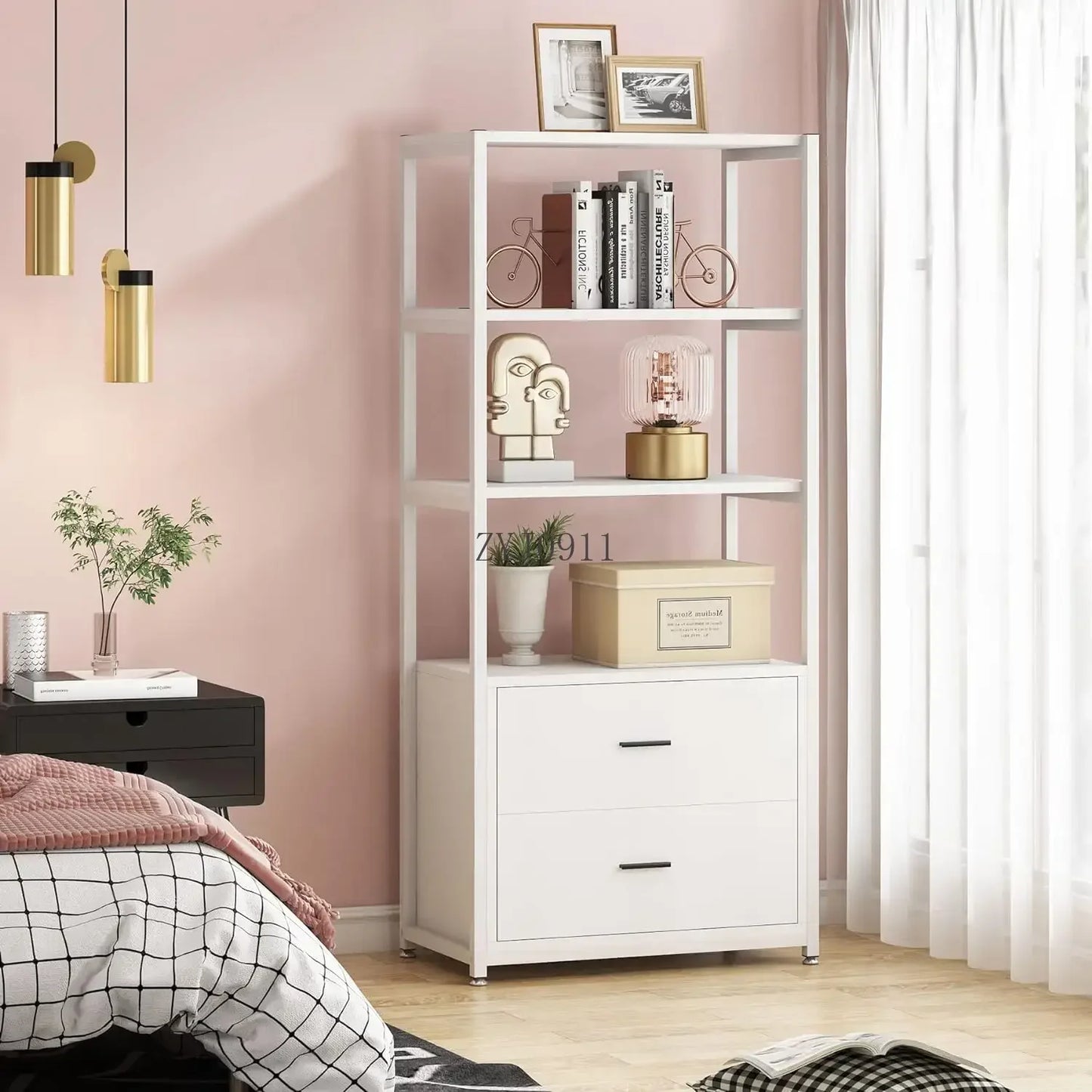 Bookcase 4-Tier White Bookshelf with 2 Drawers Etagere Standard Book Shelves Display Shelf for Home Office