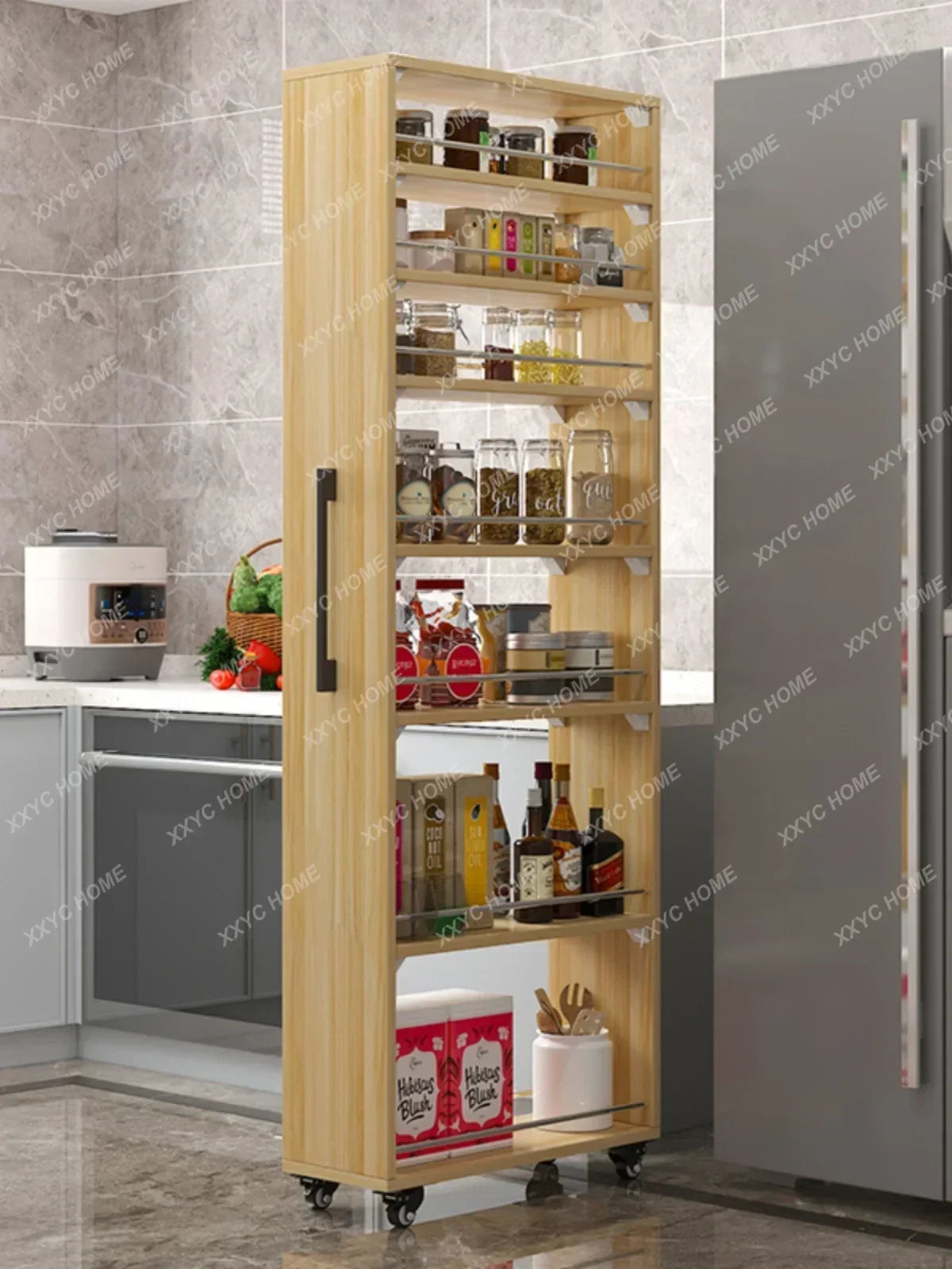 Crack storage rack, kitchen, refrigerator, gap shelf, narrow side cabinet, side pull large capacity and movable