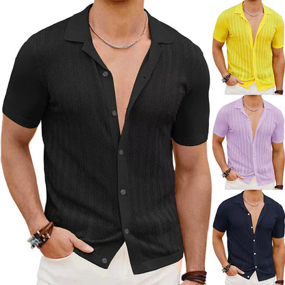 Short Sleeve Polo Shirt, Knitted Stripe Solid Breathable Cardigan Shirt