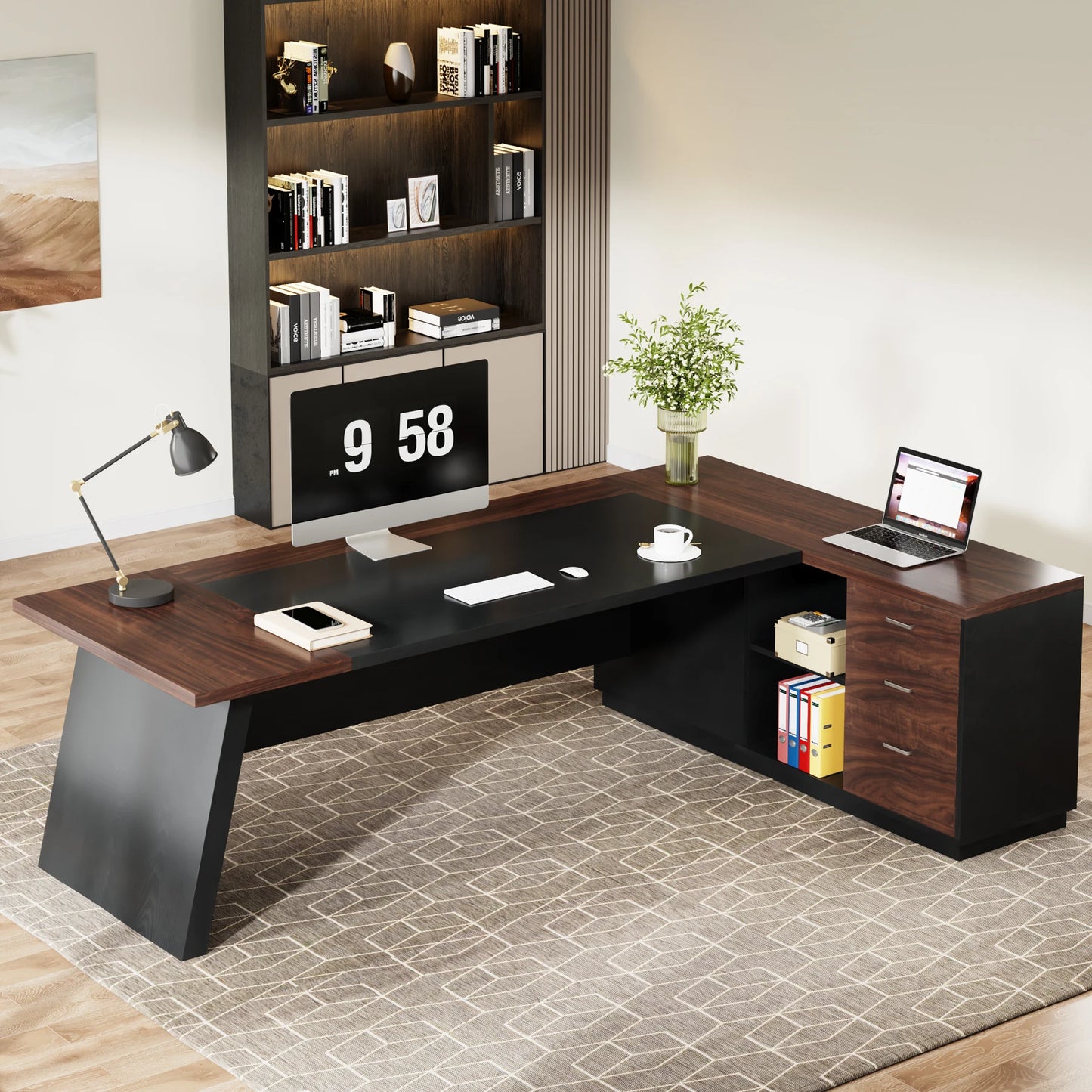 78" L-Shaped Executive Desk Large Office Desk with Drawers and Lateral File Cabinet