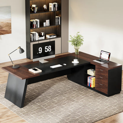 78" L-Shaped Executive Desk Large Office Desk with Drawers and Lateral File Cabinet