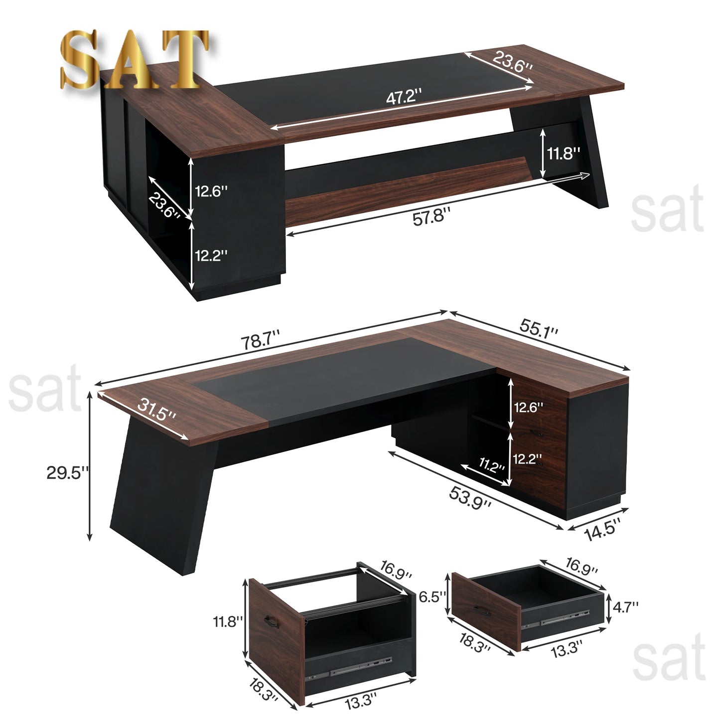 78" L-Shaped Executive Desk Large Office Desk with Drawers and Lateral File Cabinet