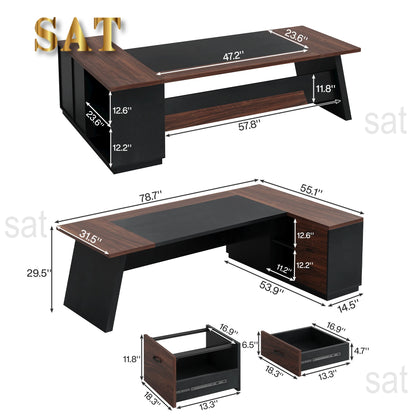 78" L-Shaped Executive Desk Large Office Desk with Drawers and Lateral File Cabinet