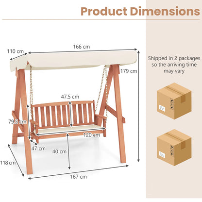 GOFLAME Wood Porch Swing w/ Canopy, Outdoor 2-Seat Swing Bench w/ A Frame, Sturdy Metal Hanging Chains