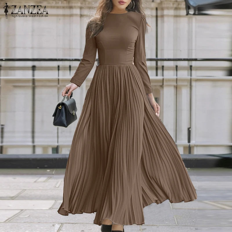 Autumn Pleated Sundress ZANZEA Spring Patchwork Maxi Dresses Women Long Sleeve Party Work Dress Fashion Casual Holiday Robe 2024