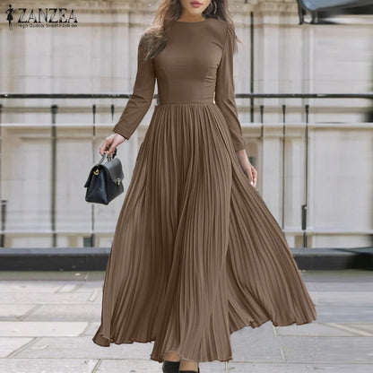 Autumn Pleated Sundress ZANZEA Spring Patchwork Maxi Dresses Women Long Sleeve Party Work Dress Fashion Casual Holiday Robe 2024