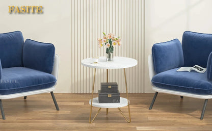 Tribesigns 2 Tier Faux Marble End Table Round Side Table with Shelves Small Coffee Accent Table for Living Room, White and Gold