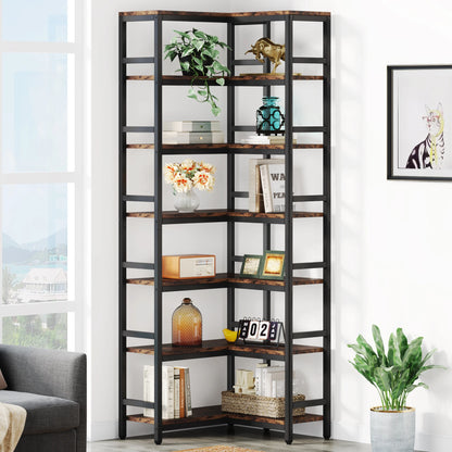 7-Shelf Corner Bookshelf,Large Modern Corner Bookcase, 7-Tier Tall Corner Shelf Storage Display Rack with Metal Frame