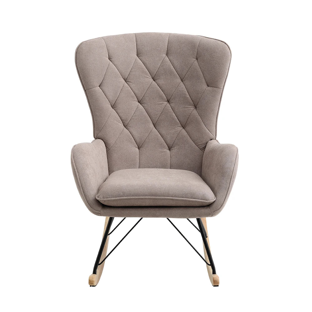 Grey Modern Upholstered Rocking Chair with Rubberwood Runner for Living Room Home Office