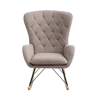 Grey Modern Upholstered Rocking Chair with Rubberwood Runner for Living Room Home Office