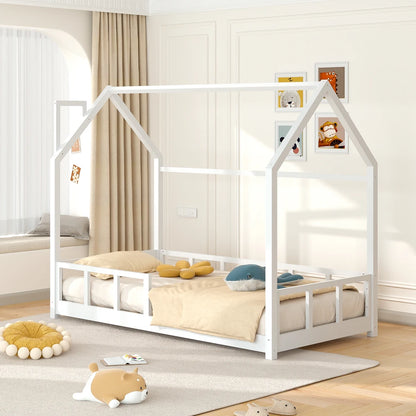 Wooden House Bed Frame with Fence Roof, White&Grey