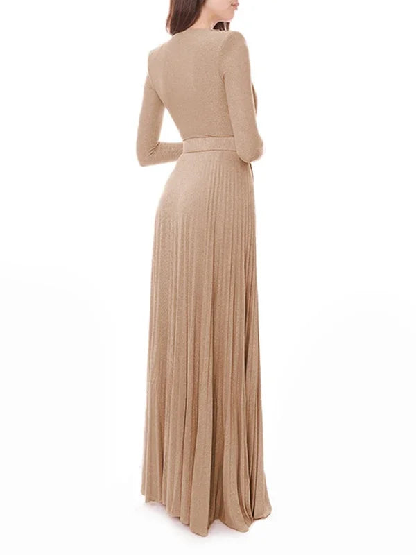 Tinaa Women Evening Dresses Belted Pleated Solid Color Split-side Long Sleeves Wrap V-neck Maxi Dresses for Ladies Party Dress