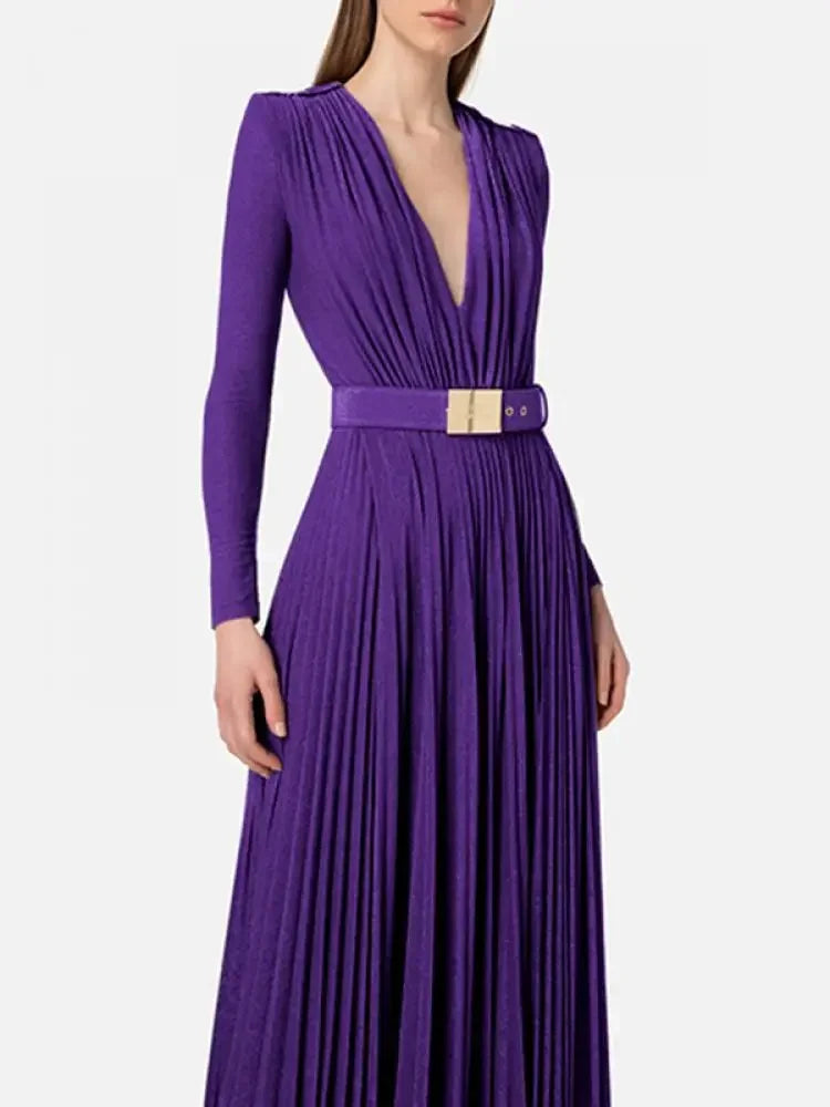 Tinaa Women Evening Dresses Belted Pleated Solid Color Split-side Long Sleeves Wrap V-neck Maxi Dresses for Ladies Party Dress