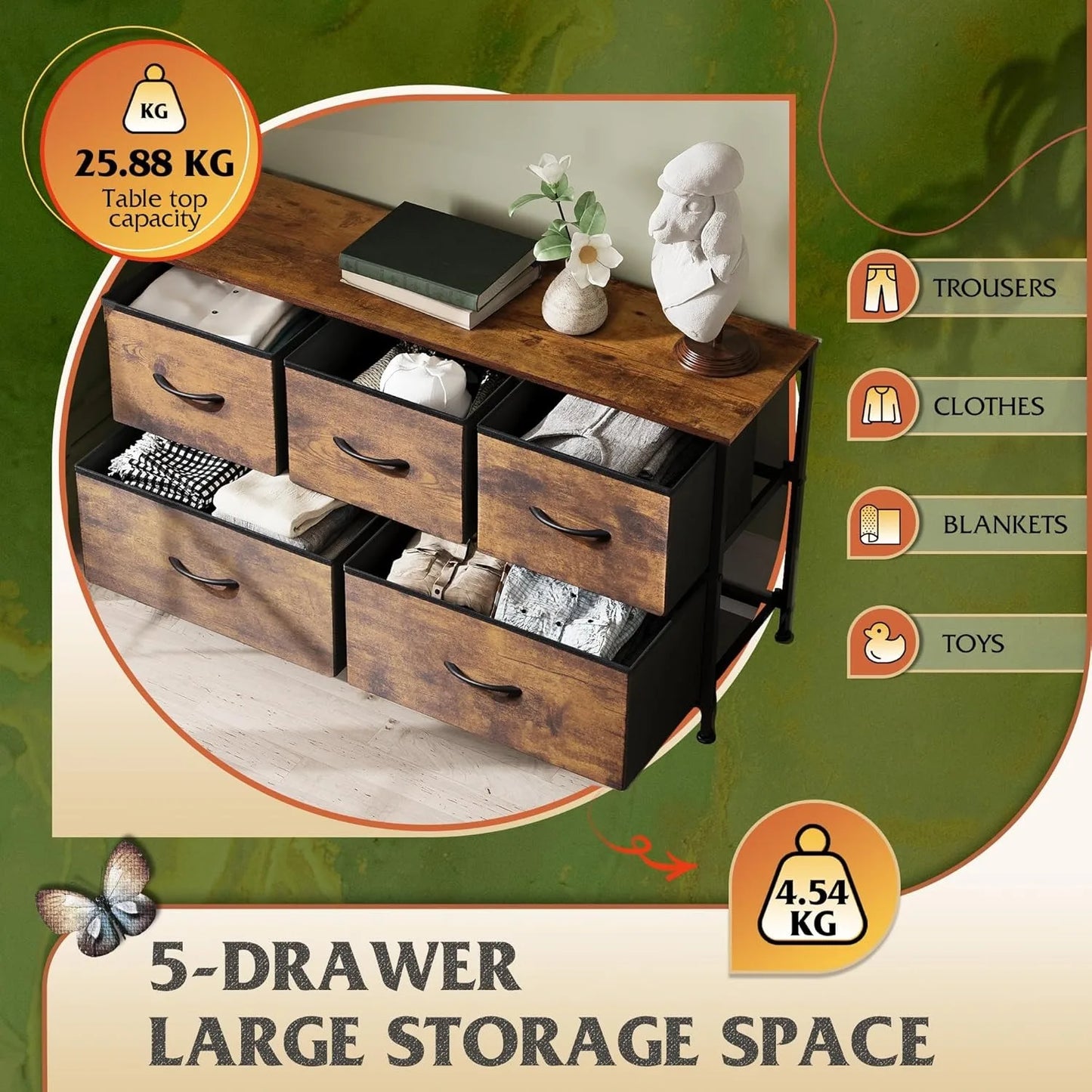 Chest of Drawers,5 Fabric Drawers Cabinet with Easy Pull Handle,Wood Top and Sturdy Steel Frame for Bedroom,Living Room
