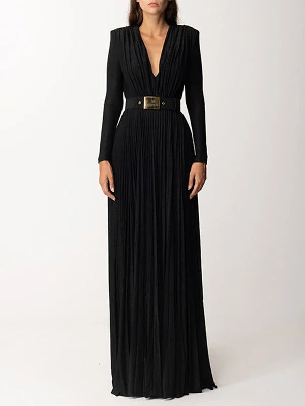 Tinaa Women Evening Dresses Belted Pleated Solid Color Split-side Long Sleeves Wrap V-neck Maxi Dresses for Ladies Party Dress