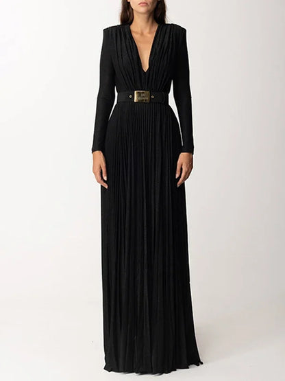 Tinaa Women Evening Dresses Belted Pleated Solid Color Split-side Long Sleeves Wrap V-neck Maxi Dresses for Ladies Party Dress