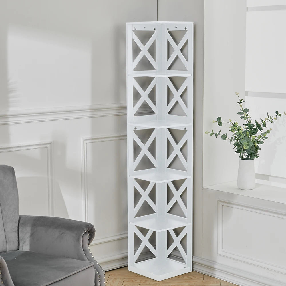 5 Tier Modern Wood Corner Standing Shelf for Living Room, White