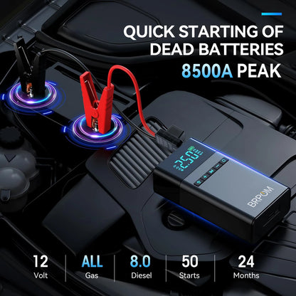 BRPOM 2IN1 Portable Car Starter with Air Compressor 150 PSI 8500A Starter 12V Car Battery Starter Box Car Battery Jumper Starter