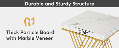 Square Side Table White Gold Side  Set of 2, 2-Tier End Table Modern Bedside Table Small Side