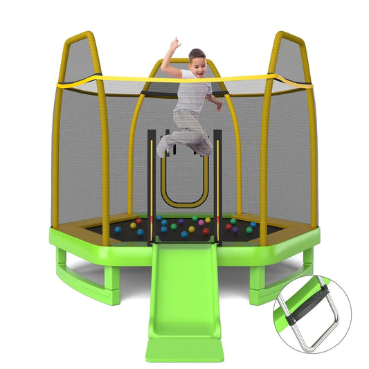 DORTALA 7FT Kids Trampoline Toddler Fitness Jumper Safety Enclosure Ladder With Slide