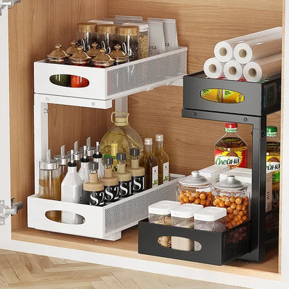 Under Sink Organizers and Storage, Adjustable 2 Tier Metal Pull out Cabinet Organizer for Bathroom, Kitchen, Pantry