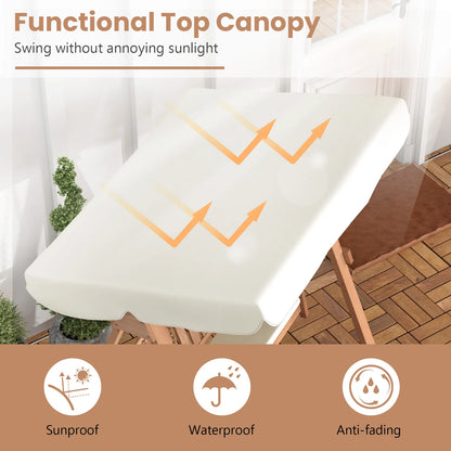 GOFLAME Wood Porch Swing w/ Canopy, Outdoor 2-Seat Swing Bench w/ A Frame, Sturdy Metal Hanging Chains
