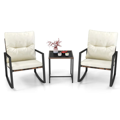 GOFLAME 3 Pieces Rocking Bistro Set, Metal Frame Wicker Rocker Chairs Set w/ Detachable Cushions