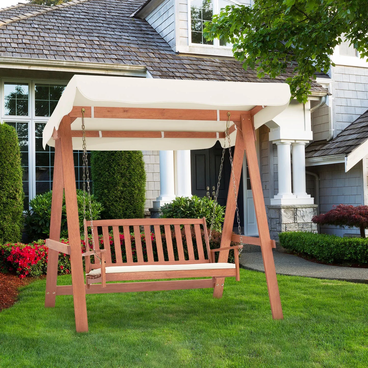 GOFLAME Wood Porch Swing w/ Canopy, Outdoor 2-Seat Swing Bench w/ A Frame, Sturdy Metal Hanging Chains