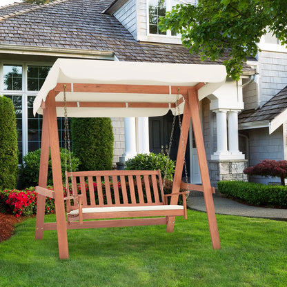 GOFLAME Wood Porch Swing w/ Canopy, Outdoor 2-Seat Swing Bench w/ A Frame, Sturdy Metal Hanging Chains
