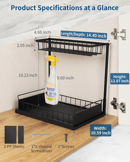 Under Sink Organizer and Storage, Pull Out Cabinet Organizer 2 Tier Slide Out Sink Shelf Cabinet Storage Shelves for Kitchen