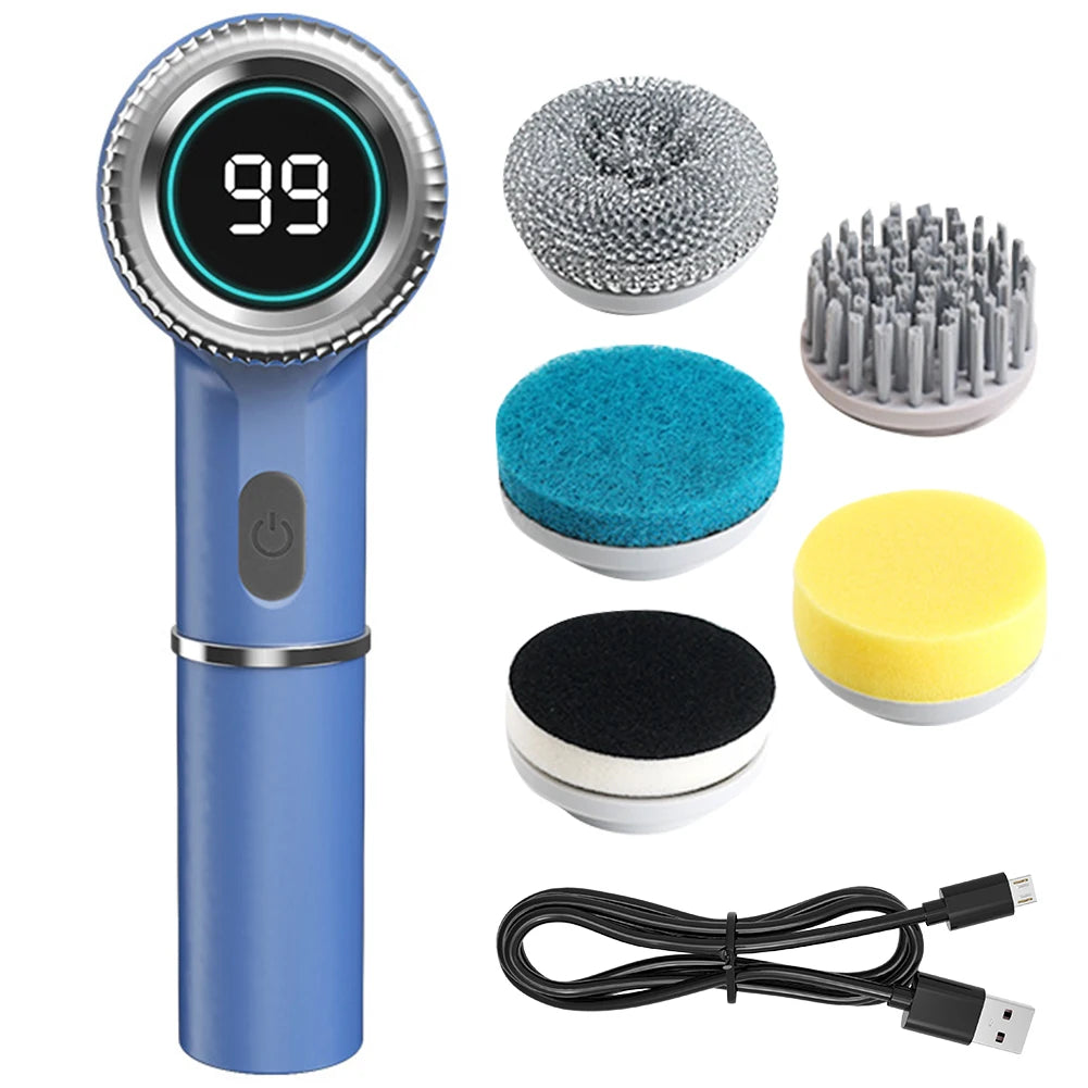 5 In 1 kitchen Cleaning Brush USB Charging Portable Electric Scrubber Tools with 5 Replaceable Brush Heads for Kitchen Bathroom