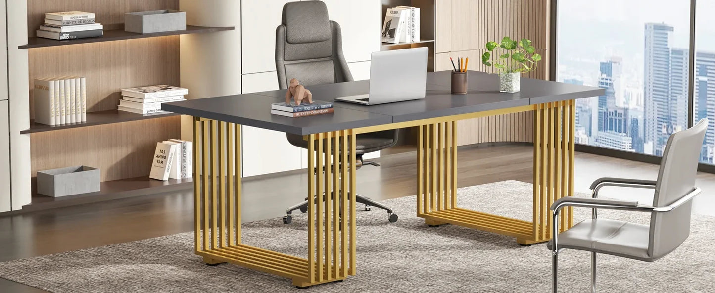 70.9" Modern Executive Desk, Wood Office Desk, Grey Simple Computer Desk with Gold Metal Legs, Large Workstation Busi