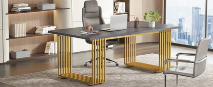 70.9" Modern Executive Desk, Wood Office Desk, Grey Simple Computer Desk with Gold Metal Legs, Large Workstation Busi