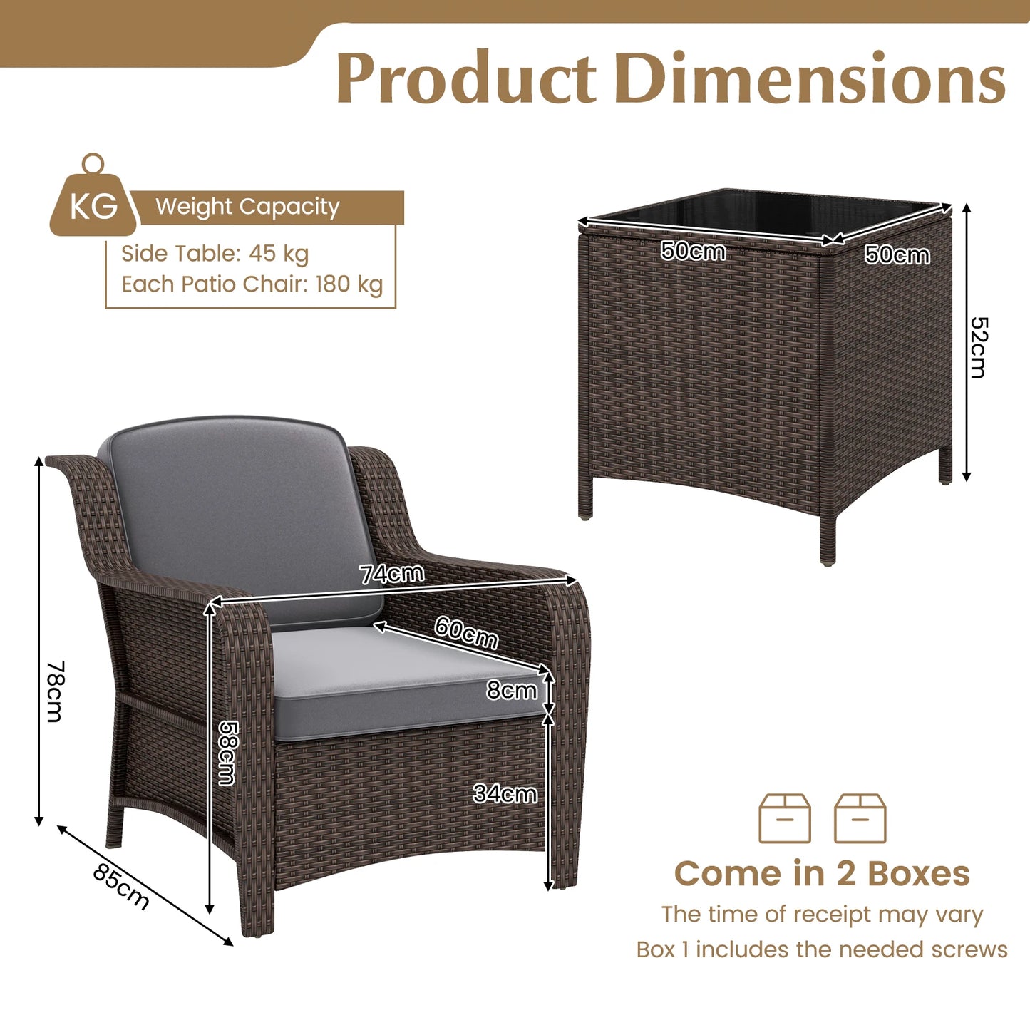 GOFLAME 3 Pieces Outdoor Patio Furniture Set, PE Rattan Wicker Chairs with Cushions and Tempered Glass Coffee Table