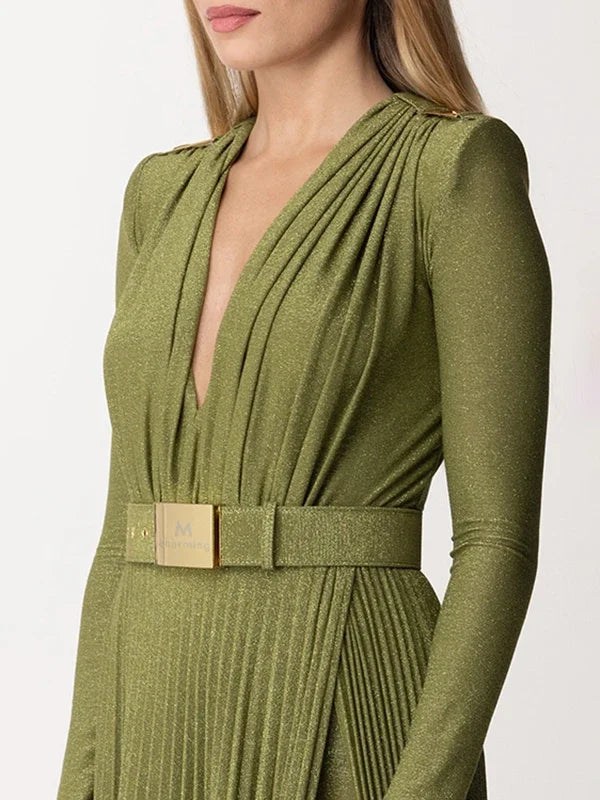 Tinaa Women Evening Dresses Belted Pleated Solid Color Split-side Long Sleeves Wrap V-neck Maxi Dresses for Ladies Party Dress