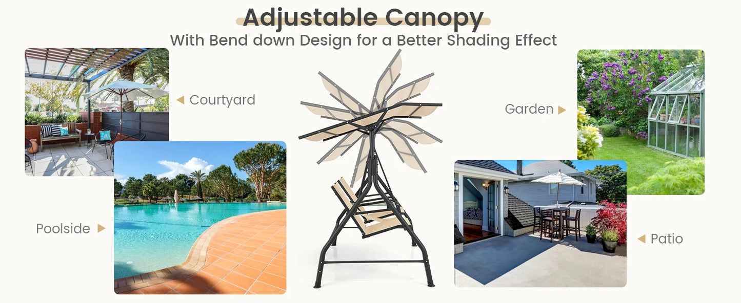 GOFLAME 2-seat Outdoor Patio Swing, Patio Loveseat Swing with Adjustable Canopy, Heavy-duty Steel Frame