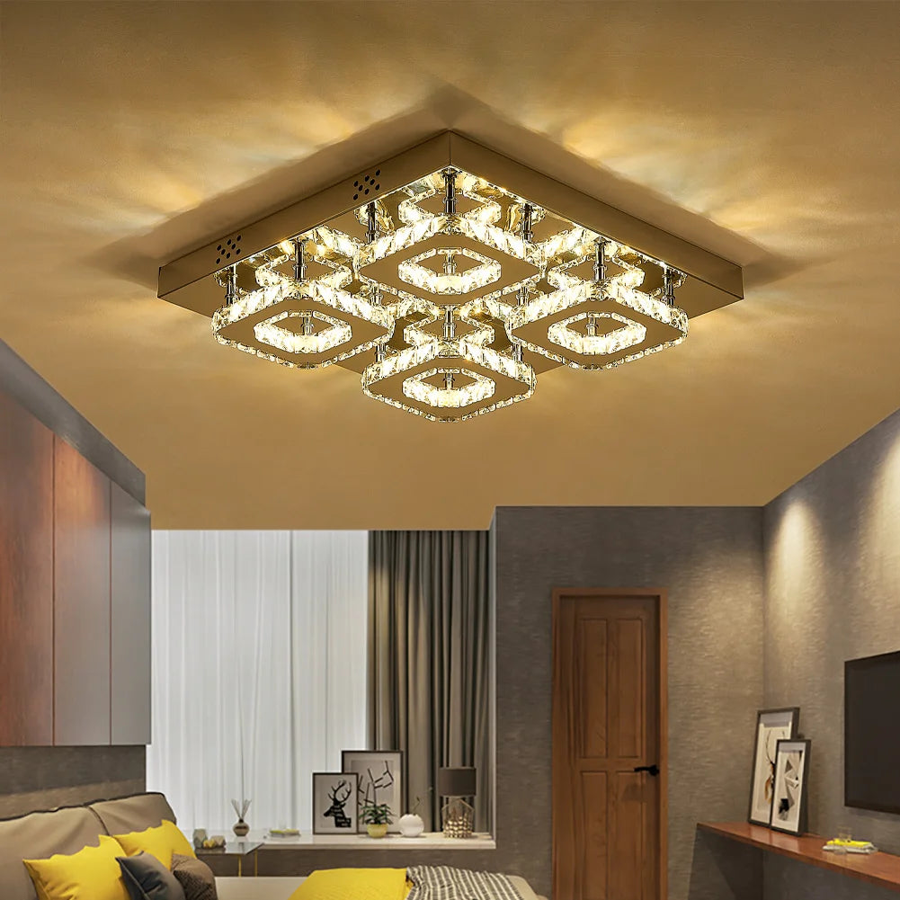 48W LED Ceiling Light Crystal Chandelier Pendant Lamp, Dimmable with Remote