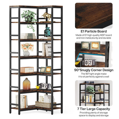 7-Shelf Corner Bookshelf,Large Modern Corner Bookcase, 7-Tier Tall Corner Shelf Storage Display Rack with Metal Frame