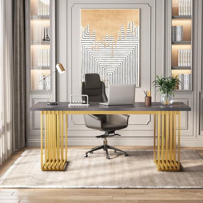 70.9" Modern Executive Desk, Wood Office Desk, Grey Simple Computer Desk with Gold Metal Legs, Large Workstation Busi