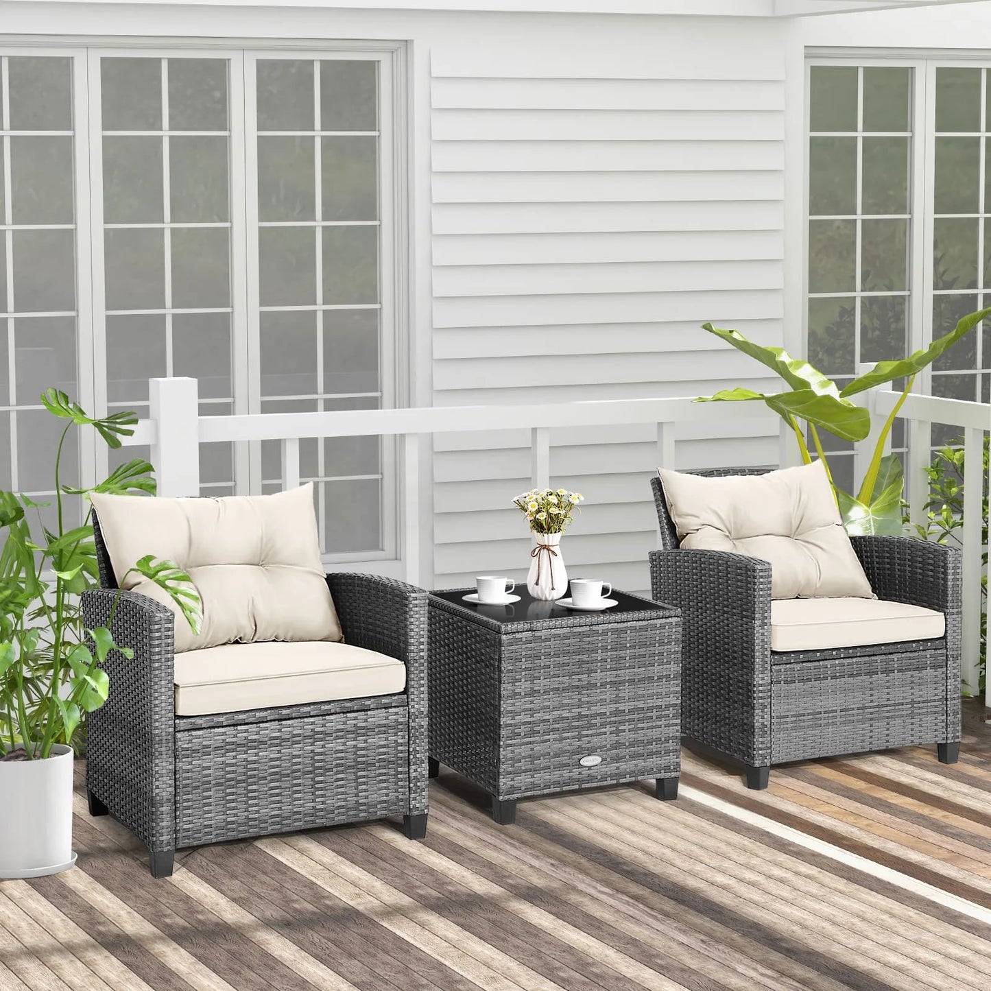 GOFLAME 3 Piece Patio Rattan Sofa Set Outdoor Wicker Conversation Set-White
