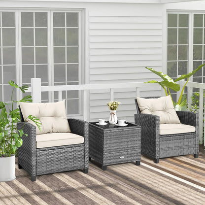 GOFLAME 3 Piece Patio Rattan Sofa Set Outdoor Wicker Conversation Set-White
