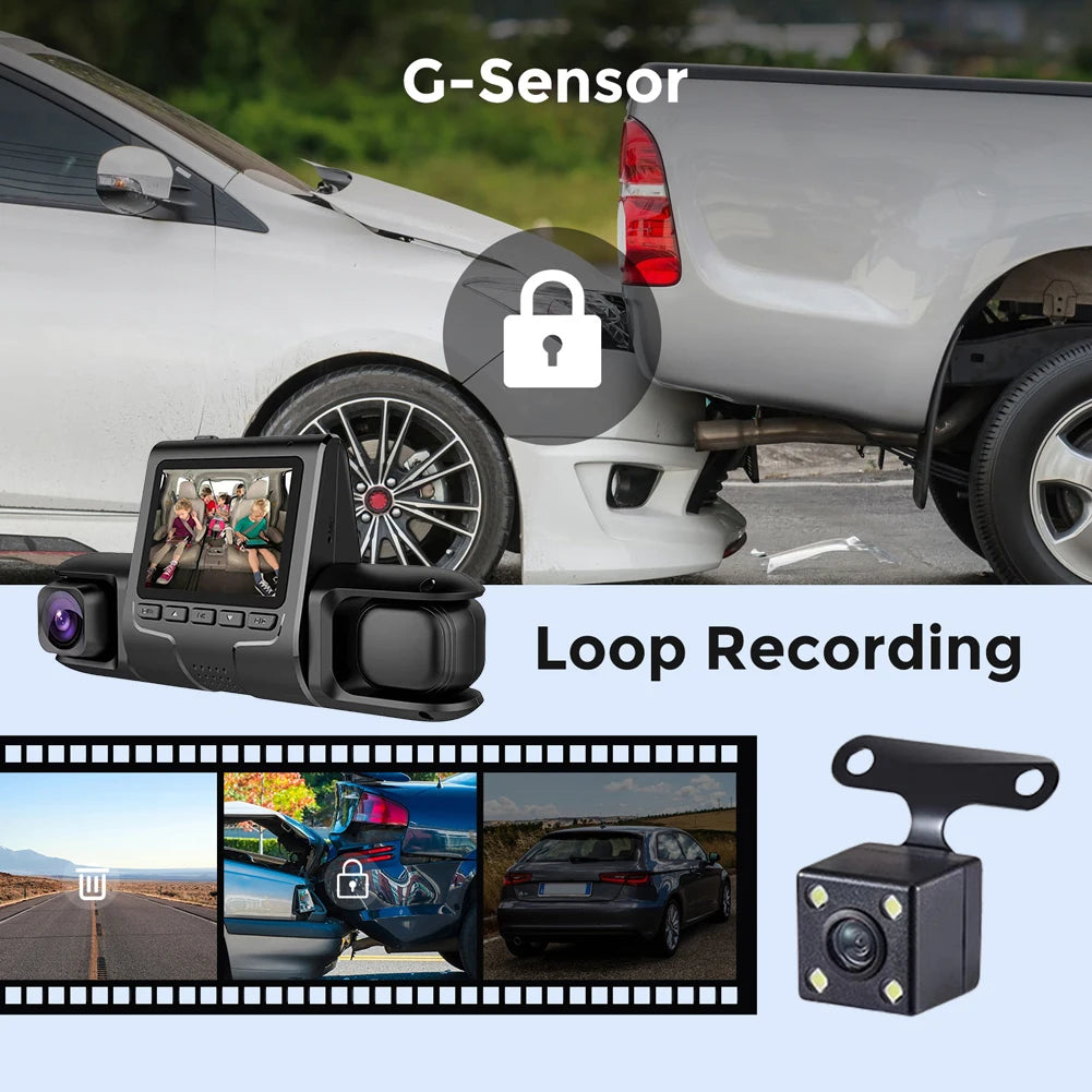 3 Lens Car DVR Dash Cam HD 1080P Dash Camera G-Sensor Auto Video Recorder 24H Parking Monitoring Dashcam Car Front Rear Camera