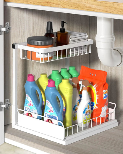 2 Tier Under Sink Organizer and Storage Basket,Slide Out Under Cabinet Organizer Shelf,Multi-Purpose Pull Out Drawer Cabinet