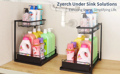 Under Sink Organizer and Storage, Pull Out Cabinet Organizer 2 Tier Slide Out Sink Shelf Cabinet Storage Shelves for Kitchen