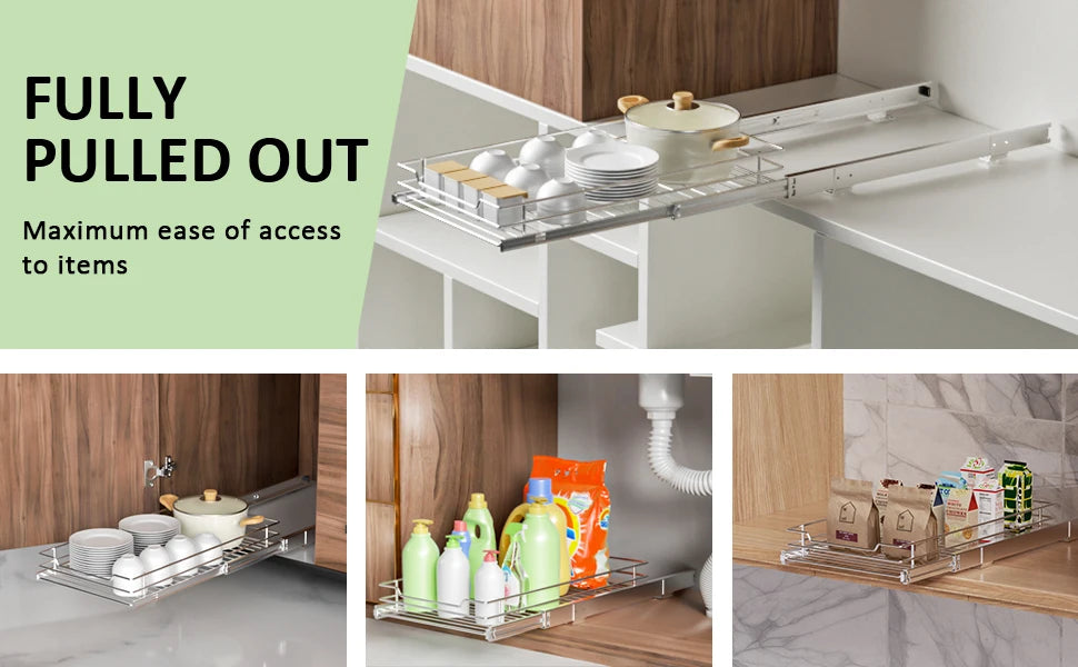 Pull Out Cabinet Organiser, Heavy Duty Slide Out Food Cupboard Shelf for Home, Kitchen, Bathroom, 14 inches W x 21 inches D